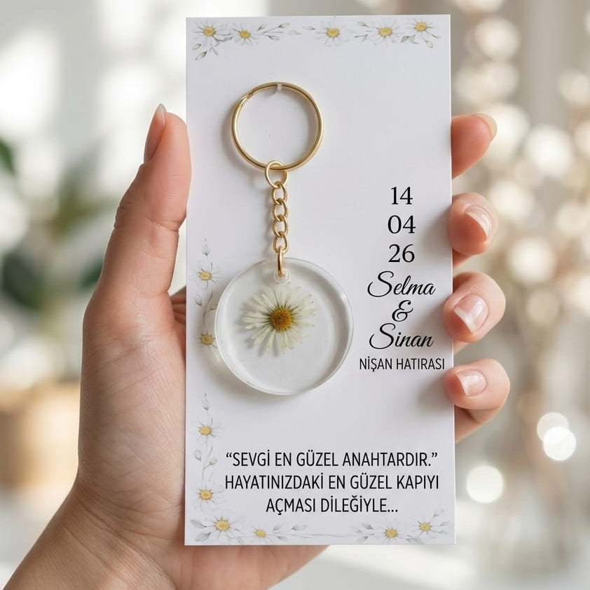 Personalisierter Schlüsselanhänger mit echter gepresster Margerite – Gastgeschenk für Hochzeit, Verlobung & besondere Anlässe