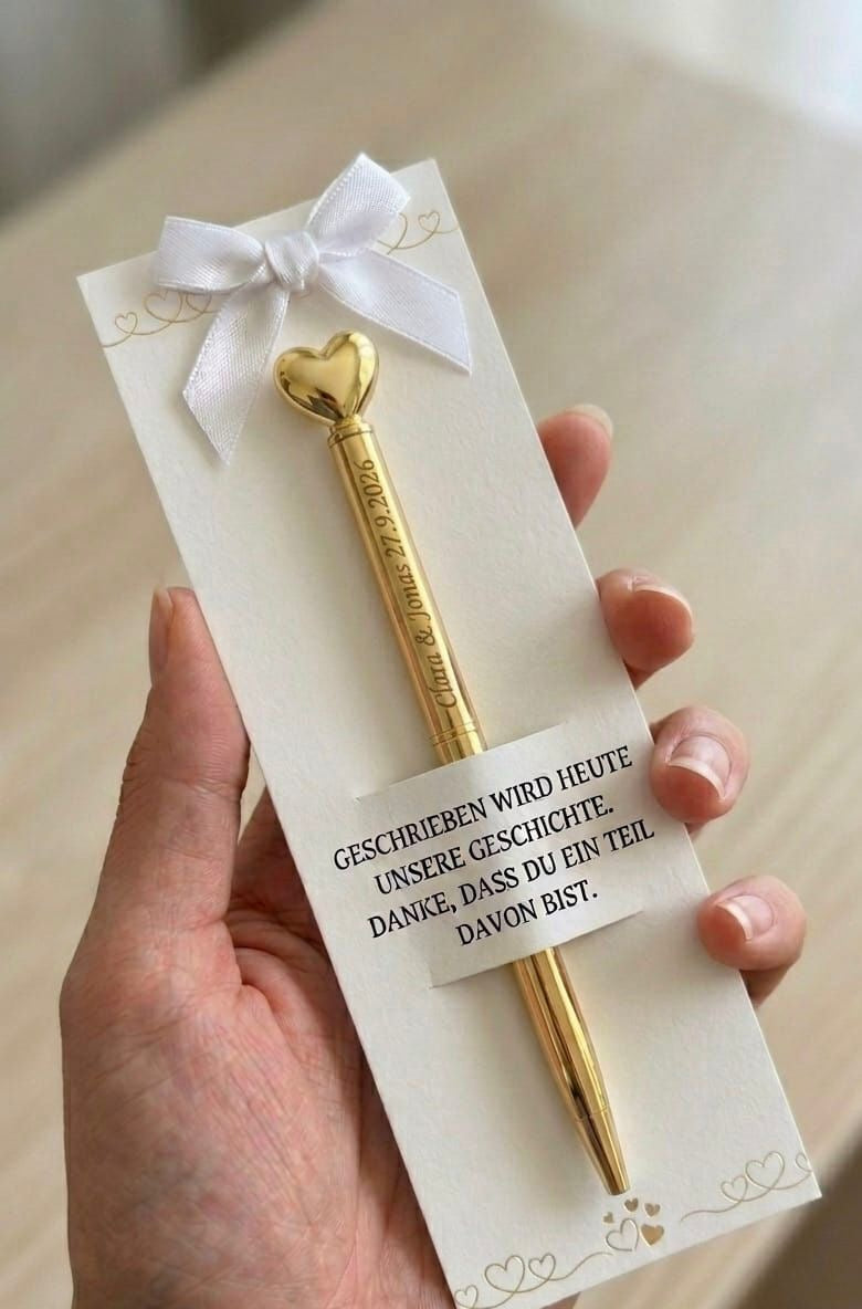 Personalisierter Gold Metall Kugelschreiber mit Herz & Gravur – Gastgeschenk Hochzeit – Name & Hochzeitsdatum