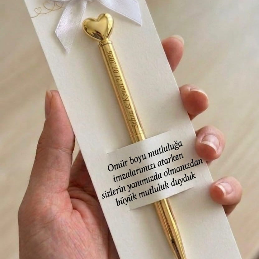 Personalisierter Gold Metall Kugelschreiber mit Herz & Gravur – Gastgeschenk Hochzeit – Name & Hochzeitsdatum