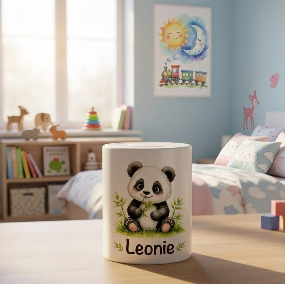 Personalisierte Spardose mit Tiermotiv – Wunschname | Geschenk zur Geburt, Taufe oder Geburtstag