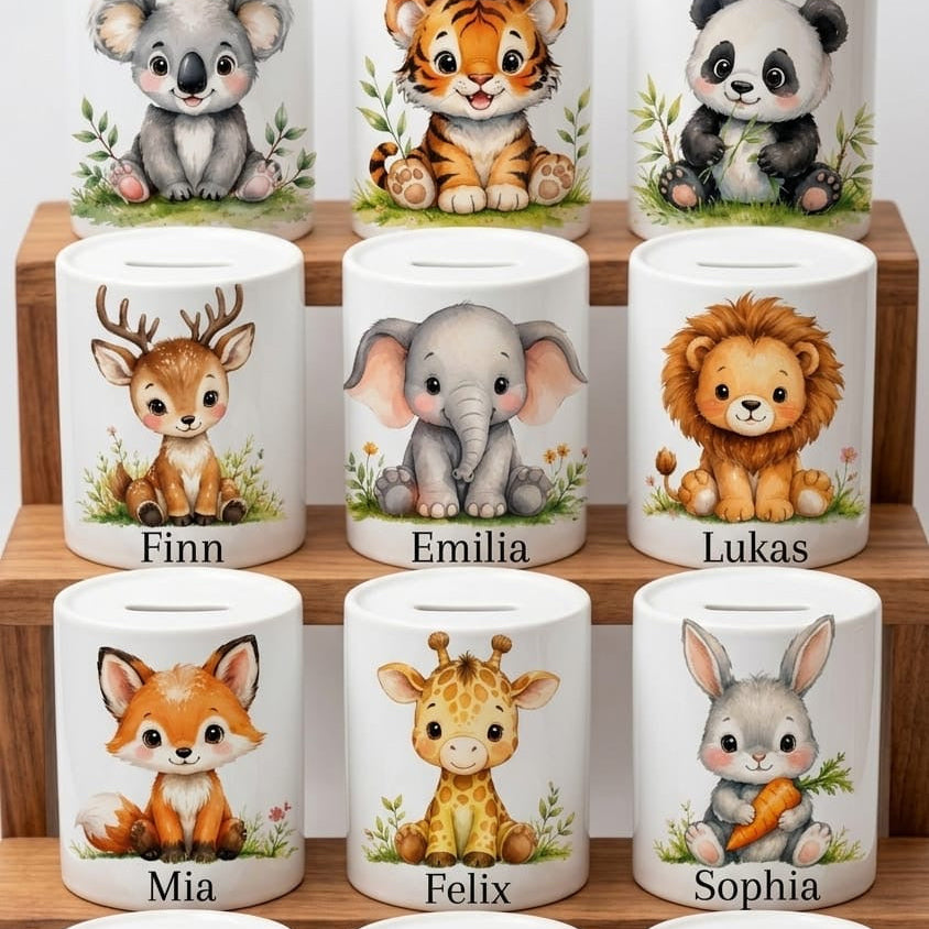 Personalisierte Spardose mit Tiermotiv – Wunschname | Geschenk zur Geburt, Taufe oder Geburtstag