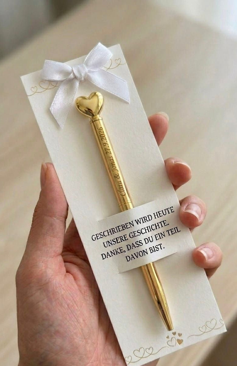 Personalisierter Gold Metall Kugelschreiber mit Herz & Gravur – Gastgeschenk Hochzeit – Name & Hochzeitsdatum