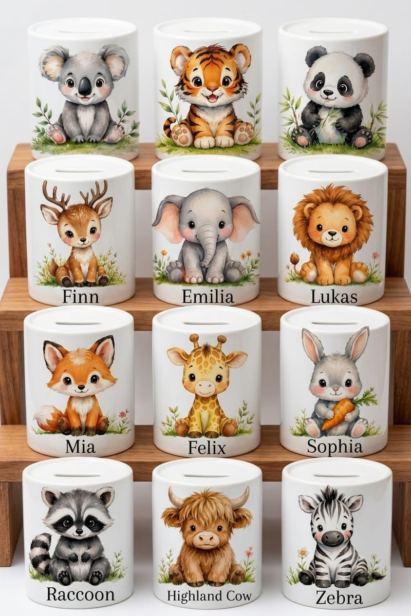 Personalisierte Spardose mit Tiermotiv – Wunschname | Geschenk zur Geburt, Taufe oder Geburtstag
