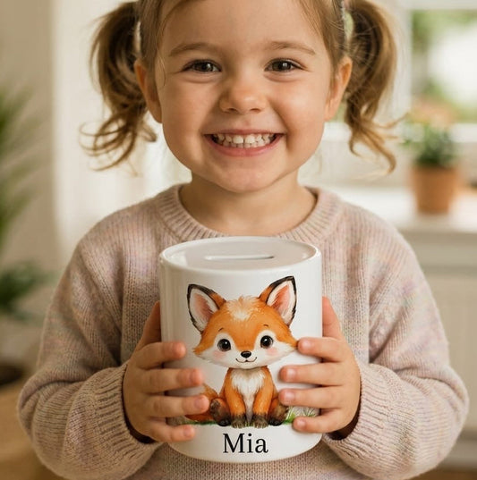 Personalisierte Spardose mit Tiermotiv – Wunschname | Geschenk zur Geburt, Taufe oder Geburtstag