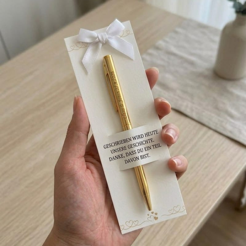 Personalisierter Gold Metall Kugelschreiber mit Gravur – Gastgeschenk Hochzeit – Name & Hochzeitsdatum