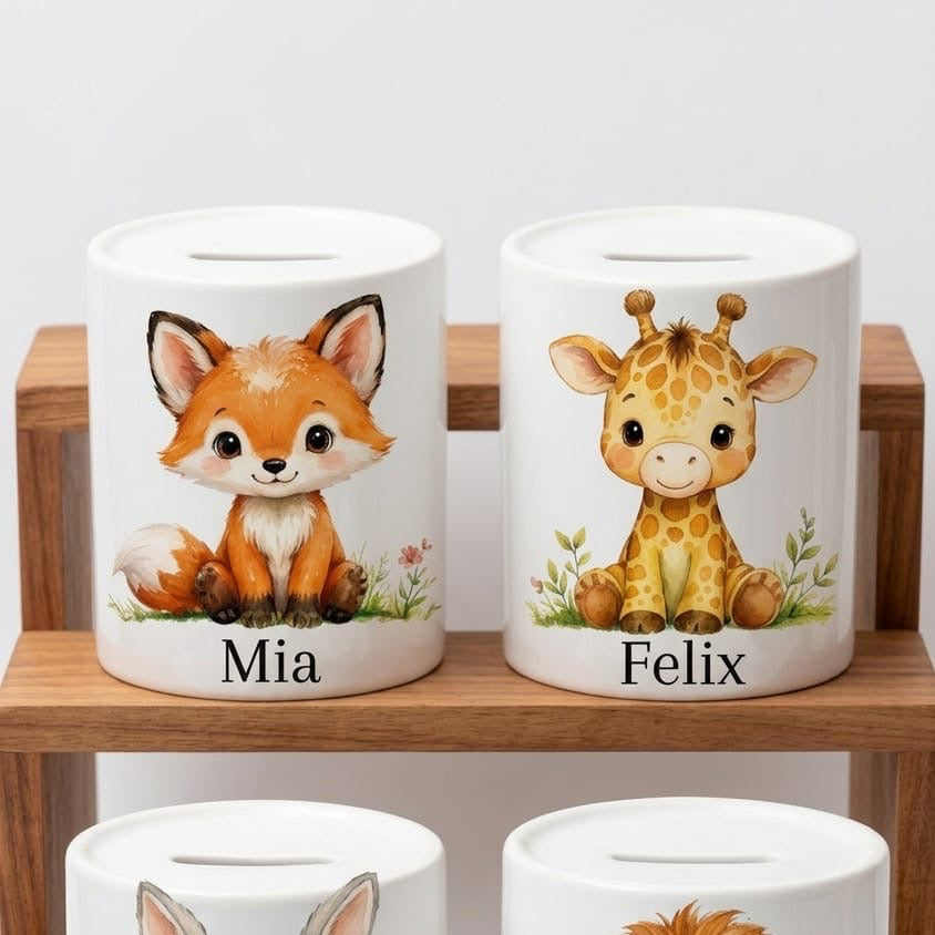 Personalisierte Spardose mit Tiermotiv – Wunschname | Geschenk zur Geburt, Taufe oder Geburtstag