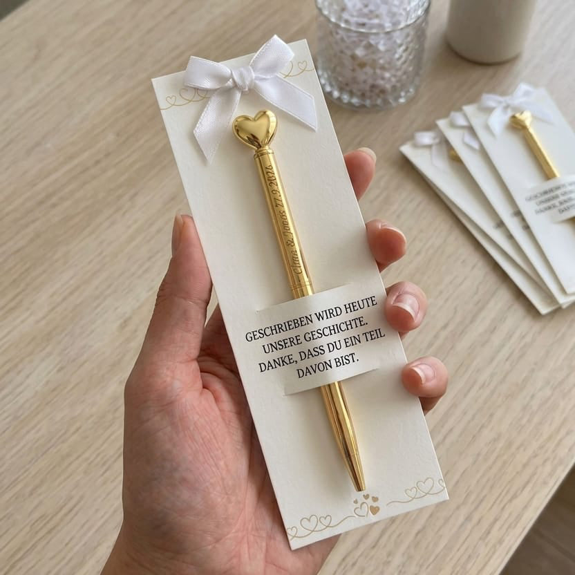 Personalisierter Gold Metall Kugelschreiber mit Herz & Gravur – Gastgeschenk Hochzeit – Name & Hochzeitsdatum